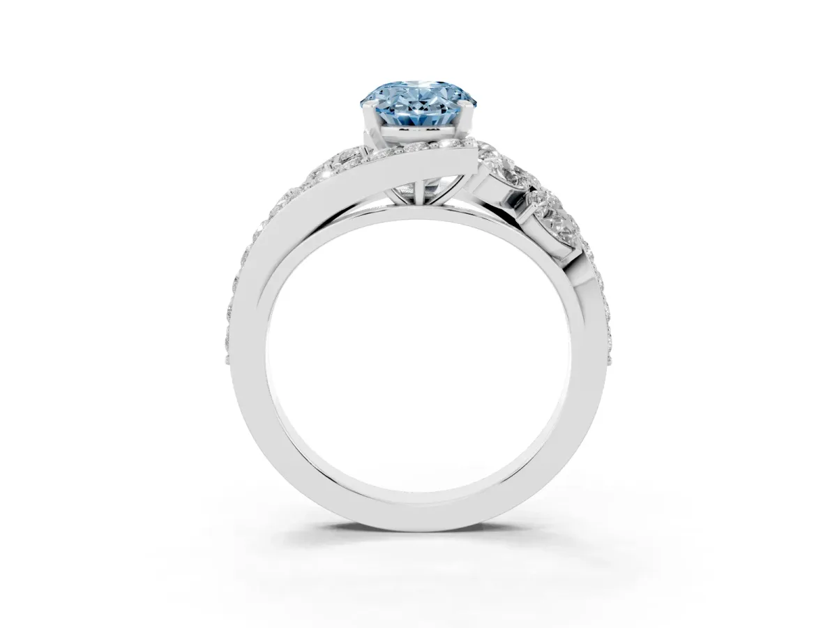 Fancy Blue Oval Cut Diamond Halo Ring with Marquise and Pavé Band in Prong Setting White gold