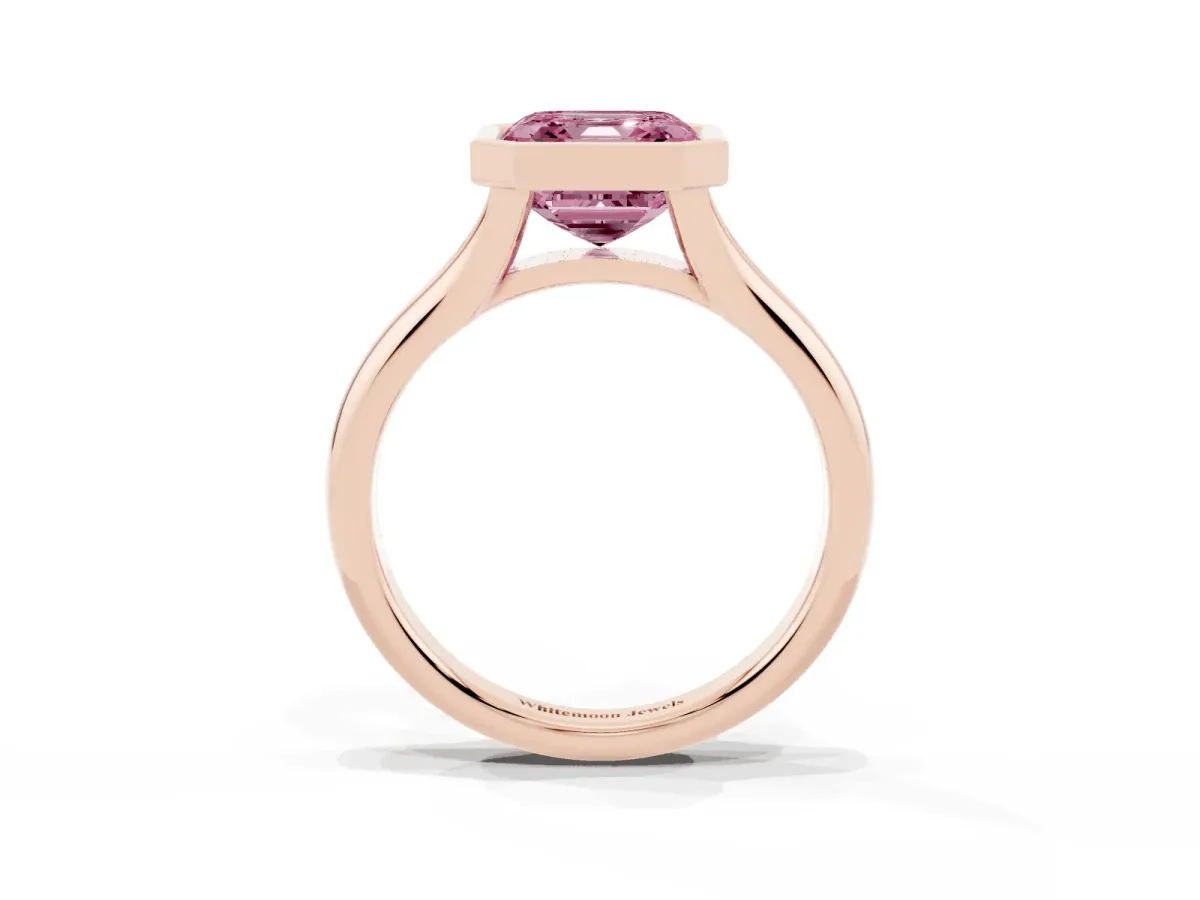 Fancy Pink Bezel Set Asscher Cut Solitaire Diamond Ring with Smooth Band Rose gold