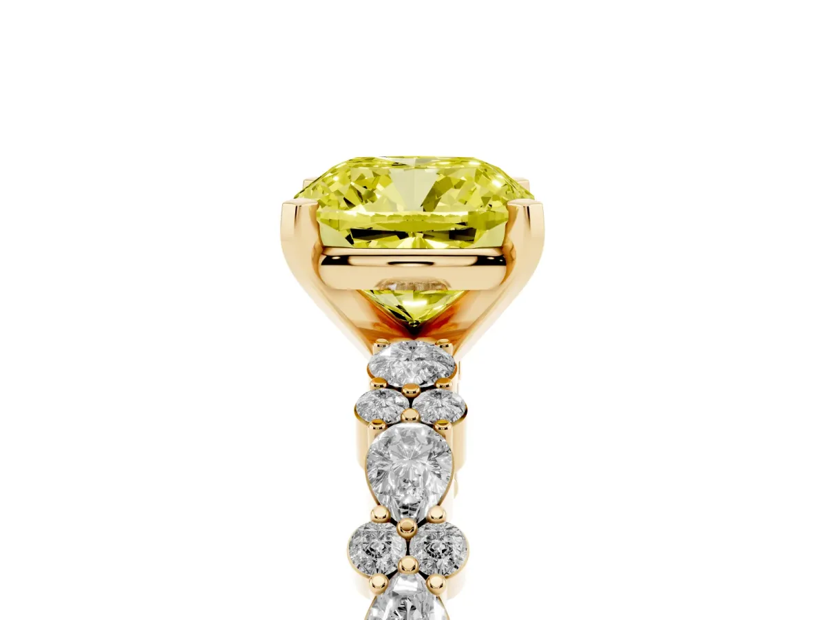 Fancy Yellow Cushion Cut Diamond Side Stone Solitaire Ring with Round and Four-Prong Setting Yellow gold