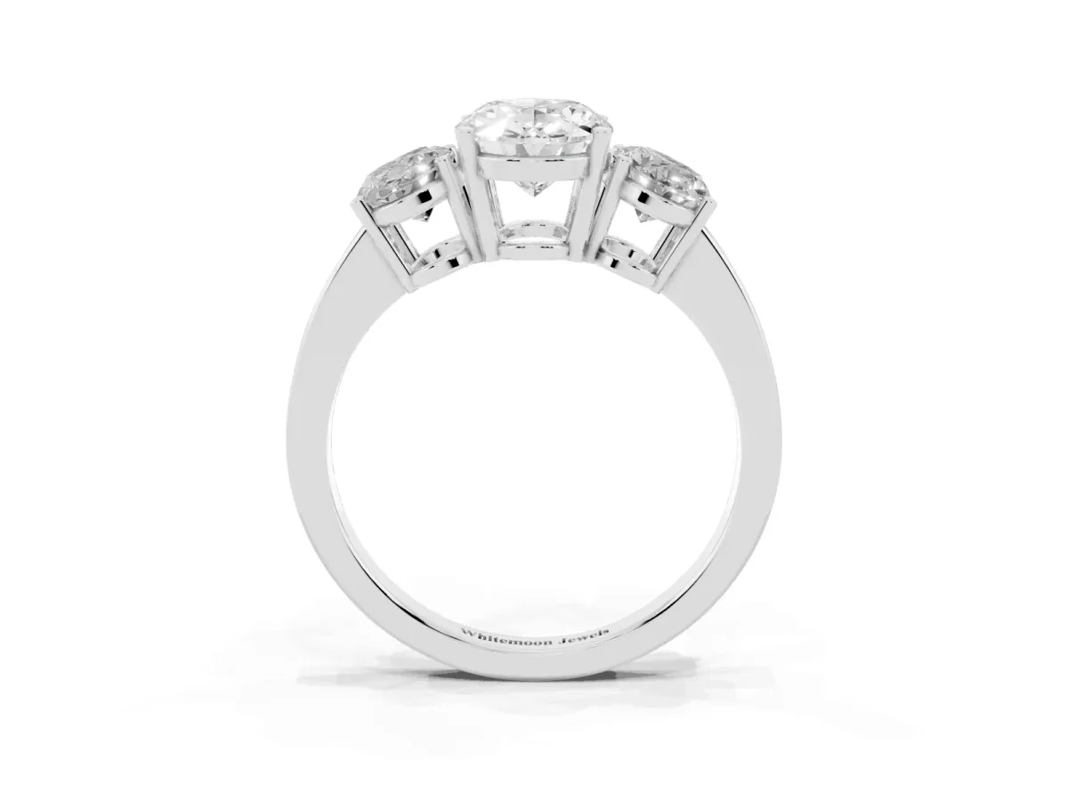 Three-Stone Oval Cut Cut Diamond Engagement Ring with Flat Band and Four-Prong Setting Silver