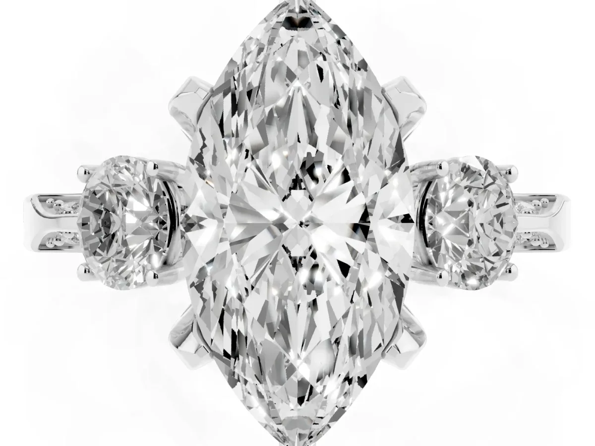 Marquise Cut Brilliant Three-Stone Diamond Ring with Pavé Band and Four-Prong Setting Silver