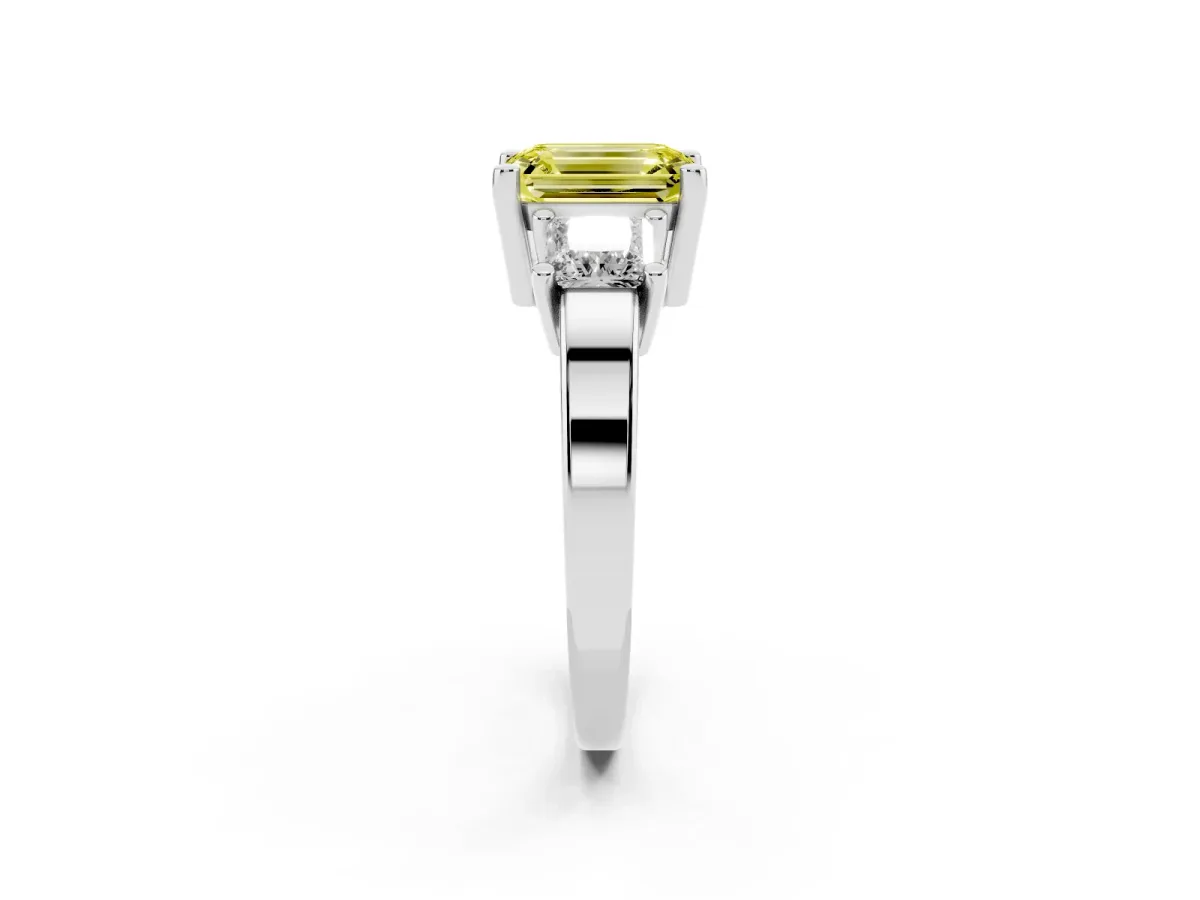 Fancy Yellow Three-Stone Emerald Cut Cut Solitaire Ring with Prong Setting Platinum