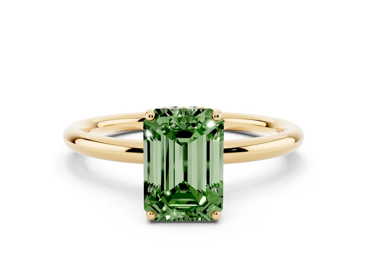 Fancy Green Emerald Cut Solitaire Diamond Ring with a Classic Band and Four-Prong Setting Yellow gold