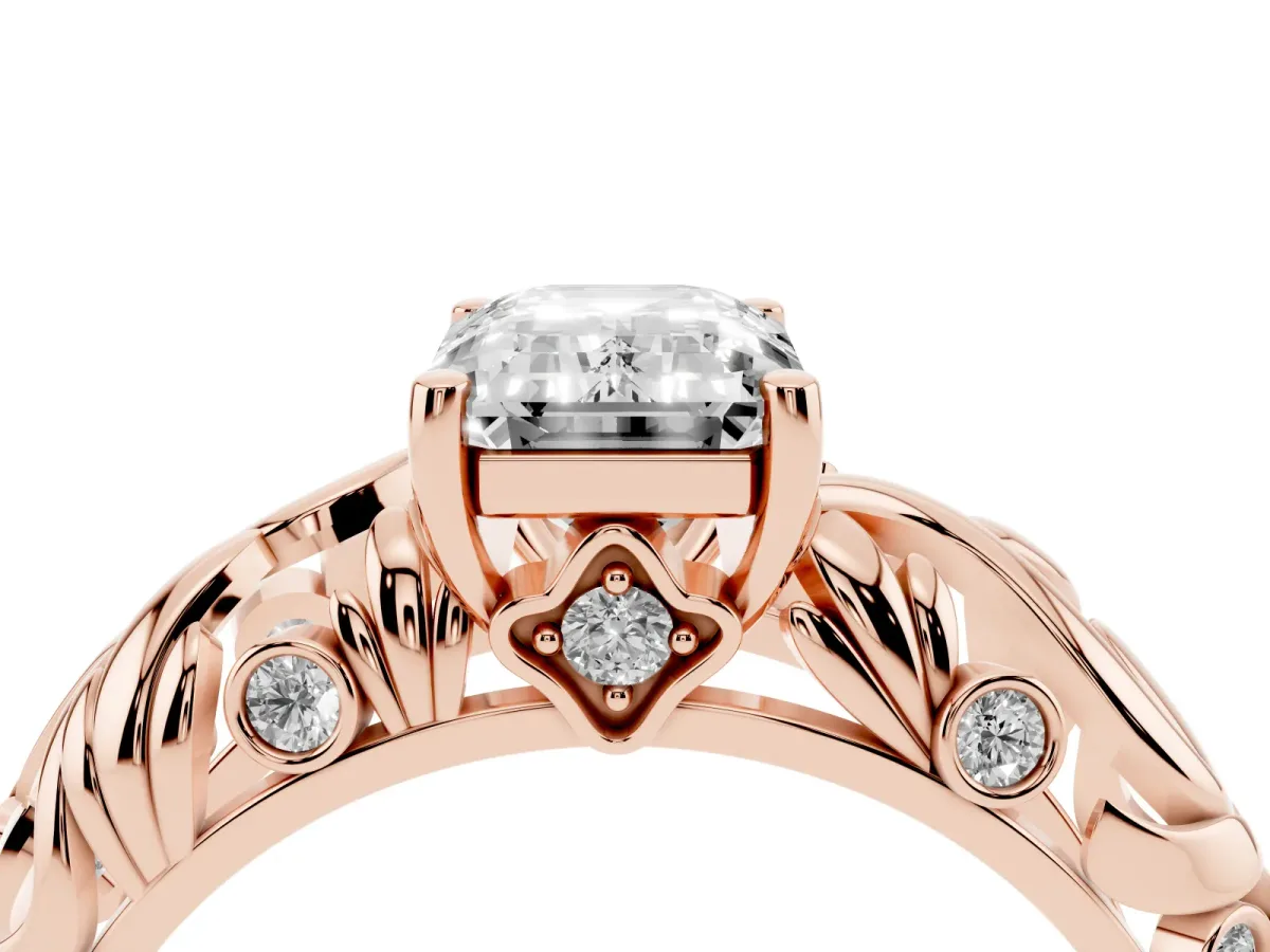 Emerald Cut Solitaire Diamond Leaf-Inspired Vine Band Ring with Prong Setting Rose gold