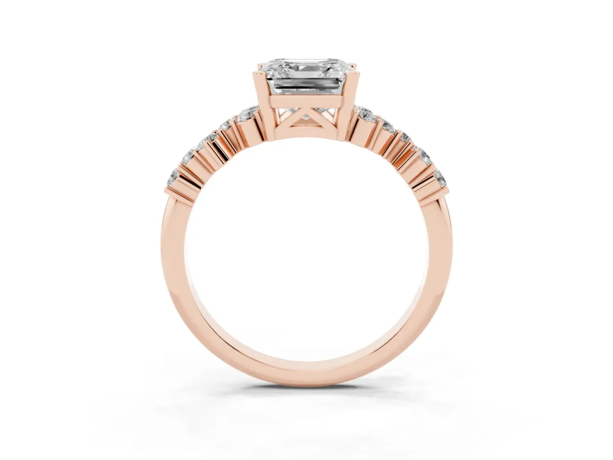 Asscher Cut Diamond Scattered Round Accent Ring with Prong Setting Rose gold