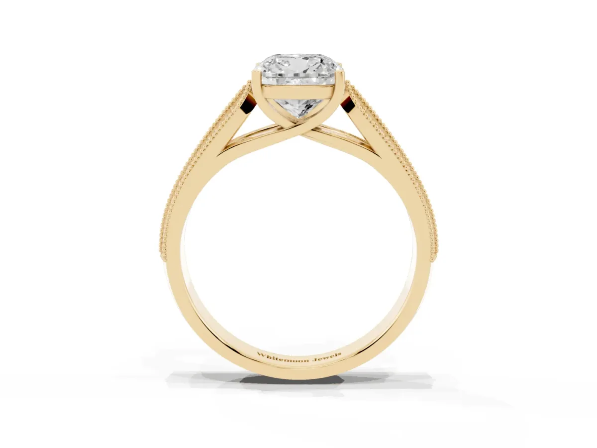 Cushion Cut Cut Pave Split Shank Engagement Ring with Four-Prong Setting Yellow gold