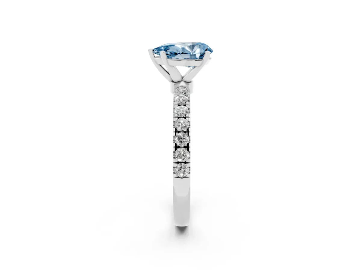 Fancy Blue Pear Cut Diamond Solitaire Ring with Pavé Accents and Four-Prong Setting Platinum