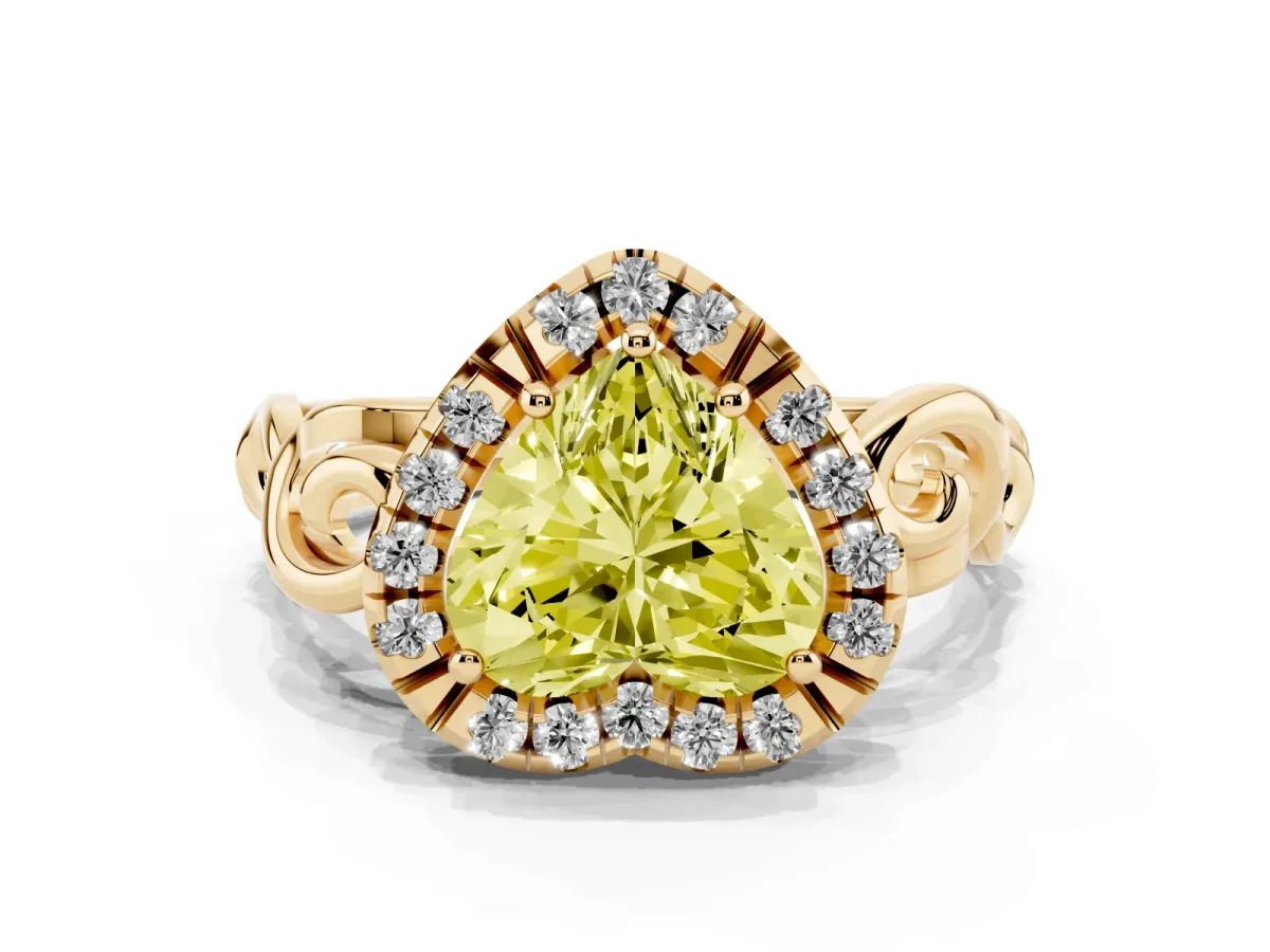 Fancy Yellow Heart Cut Cut Halo Diamond Ring with Scrollwork Band and Four-Prong Setting Yellow gold