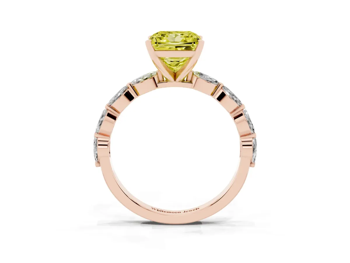 Fancy Yellow Princess Cut Diamond Ring with Marquise Side Stones and Prong Setting Rose gold