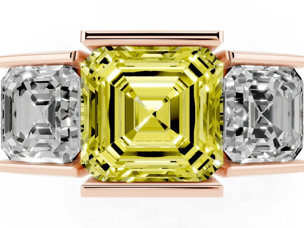 Fancy Yellow Three Stone Asscher Cut Cut Channel Set Diamond Ring Rose gold