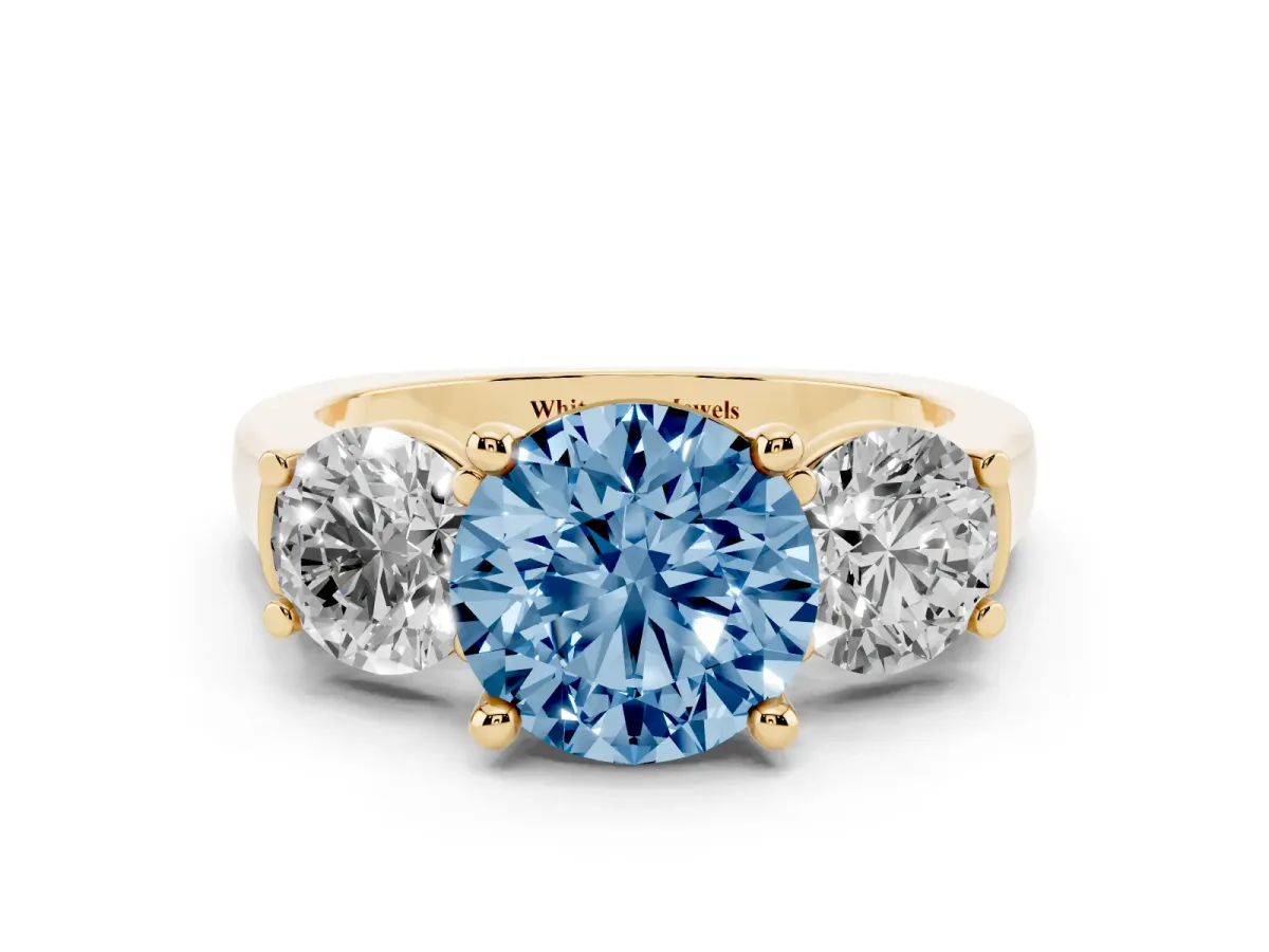 Fancy Blue Three-Stone Round Cut Brilliant Diamond Trellis Ring with Comfort Fit Band Yellow gold