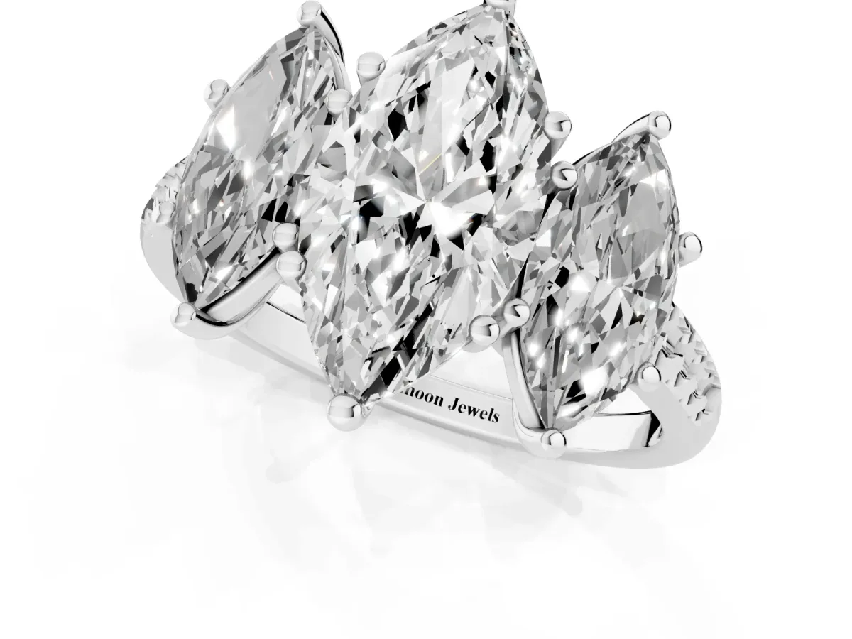 Three-Stone Marquise Cut Diamond Ring with Round Pavé Band and Prong Setting Silver