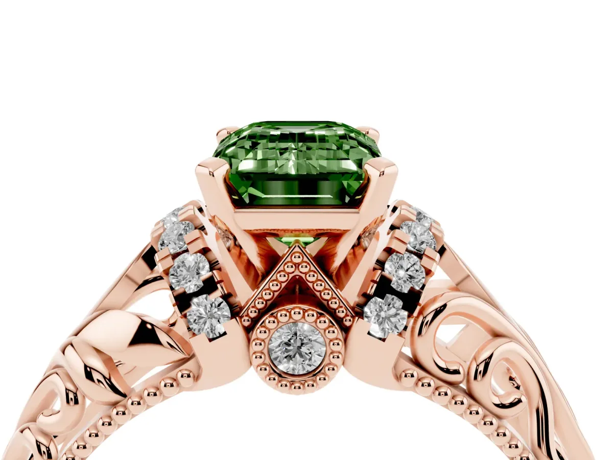 Fancy Green Emerald Cut Solitaire Filigree Engagement Ring with Halo and Prong Setting Rose gold