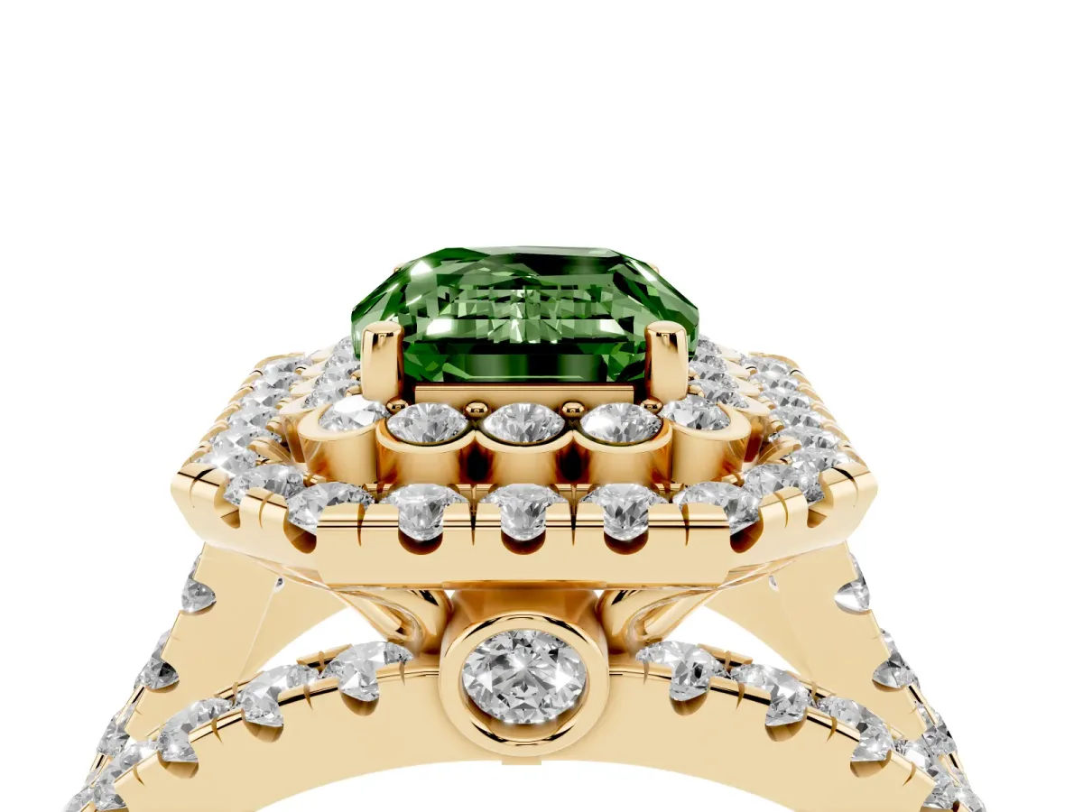 Fancy Green Emerald Cut Diamond Double Halo Ring with Round Pavé Split Shank and Prong Setting Yellow gold