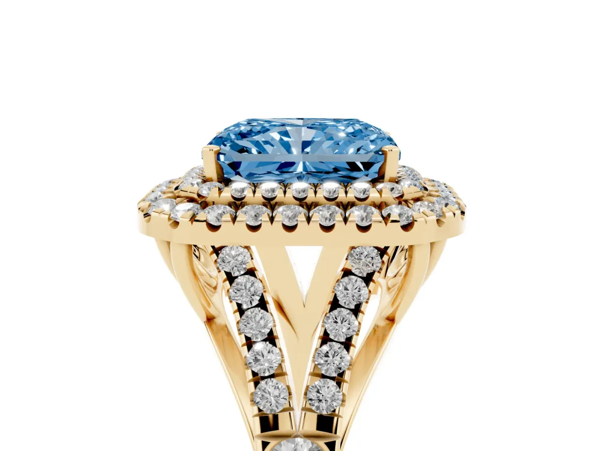 Fancy Blue Radiant Cut Diamond Double Halo Ring with Split Shank and Prong Setting Yellow gold