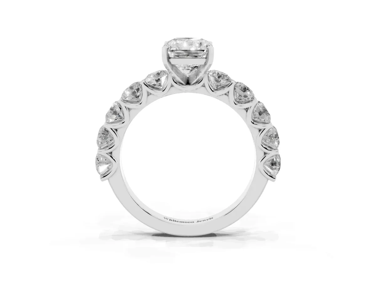 Radiant Cut Diamond Prong Setting with Side Stones on a Pave Band Silver