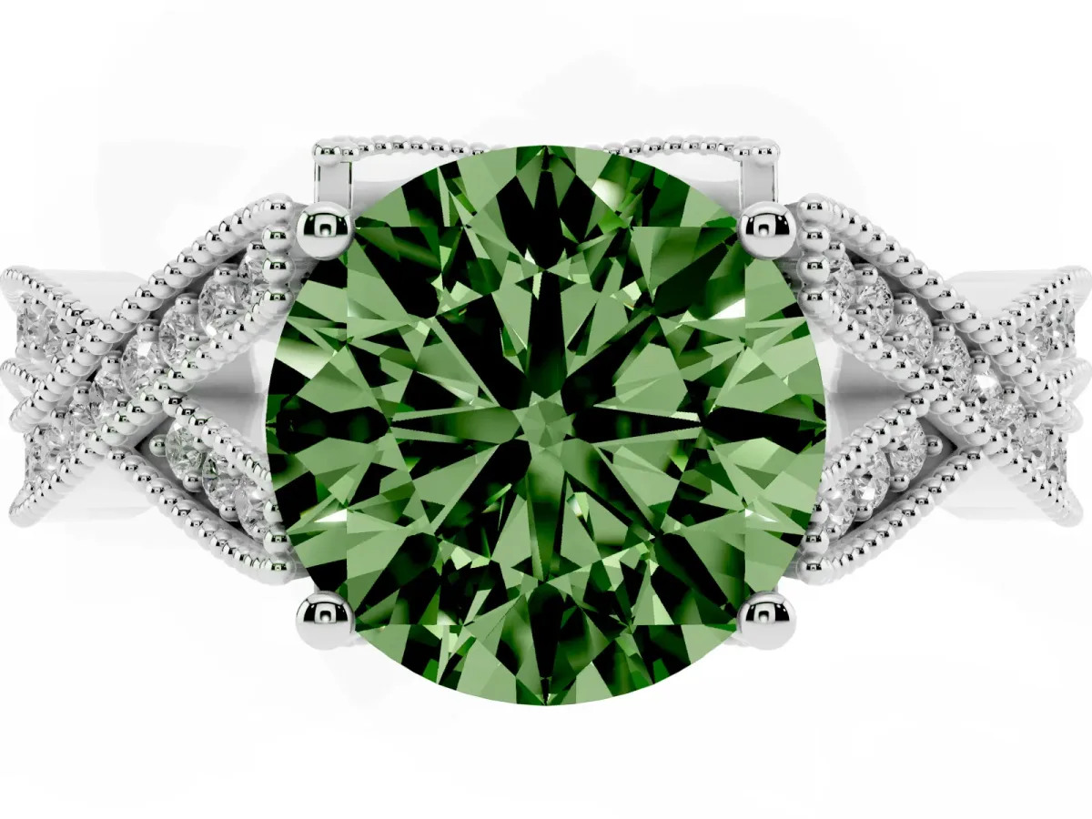 Fancy Green Round Cut Cut Diamond Twisted Band with Milgrain Pave Setting and Four-Prong Setting Silver