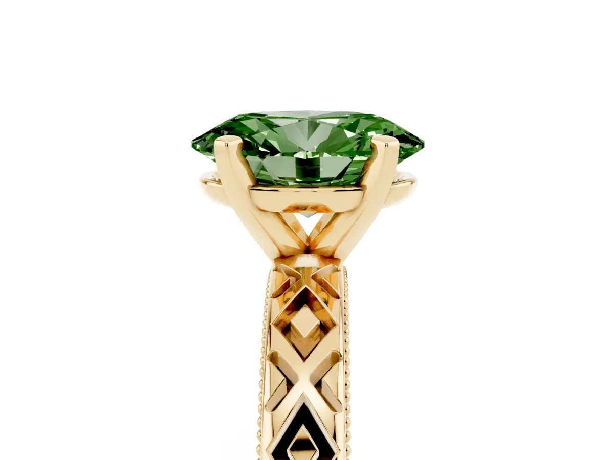 Fancy Green Oval Cut Solitaire Diamond Ring with Milgrain and Black Enamel X Pattern Band Yellow gold