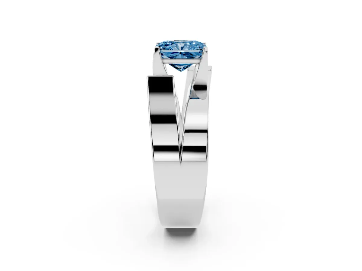 Fancy Blue Modern Tension Set Radiant Cut Diamond Solitaire Wide Band Ring Silver