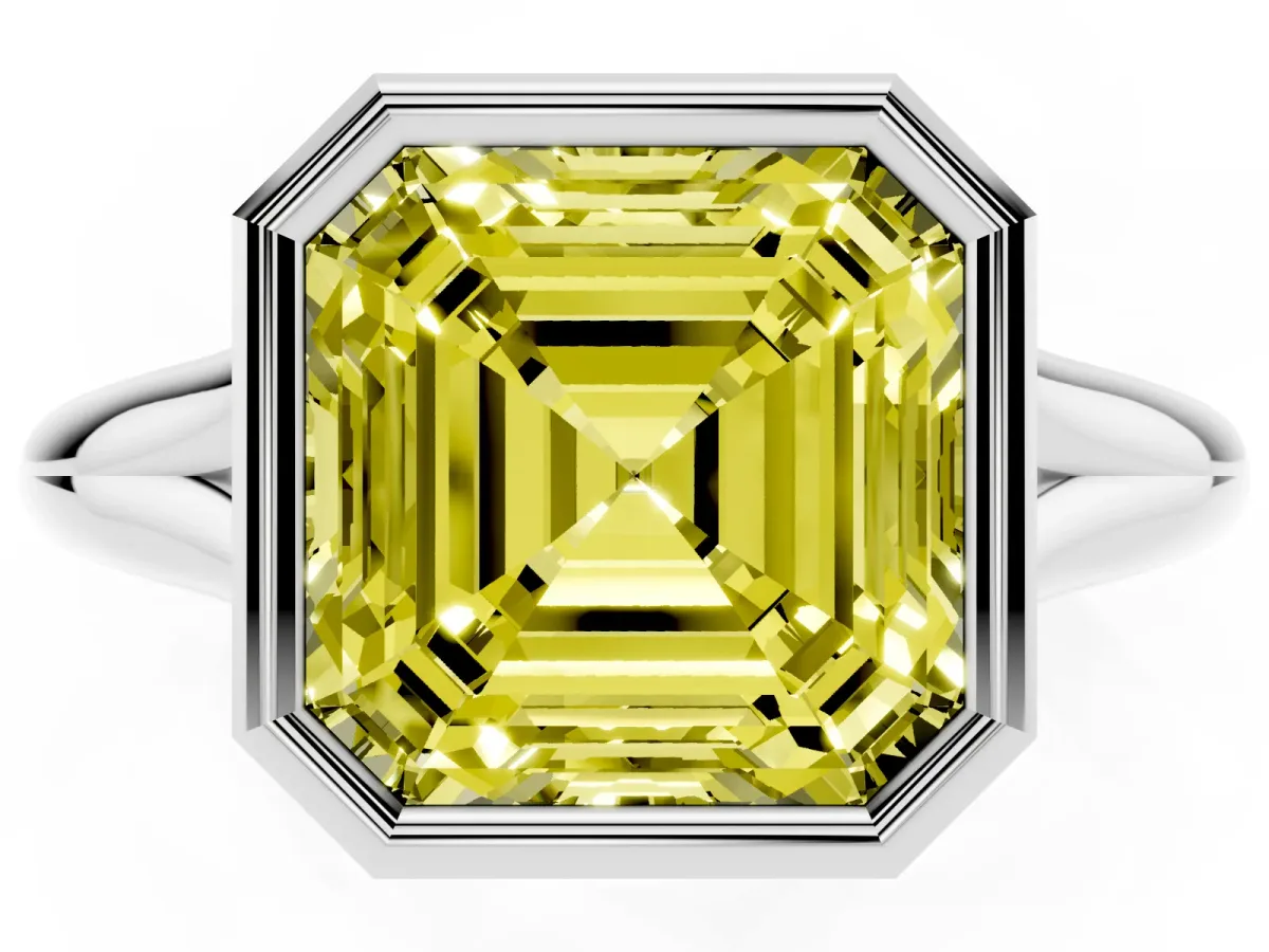 Fancy Yellow Bezel Set Asscher Cut Solitaire Diamond Ring with Smooth Band Silver