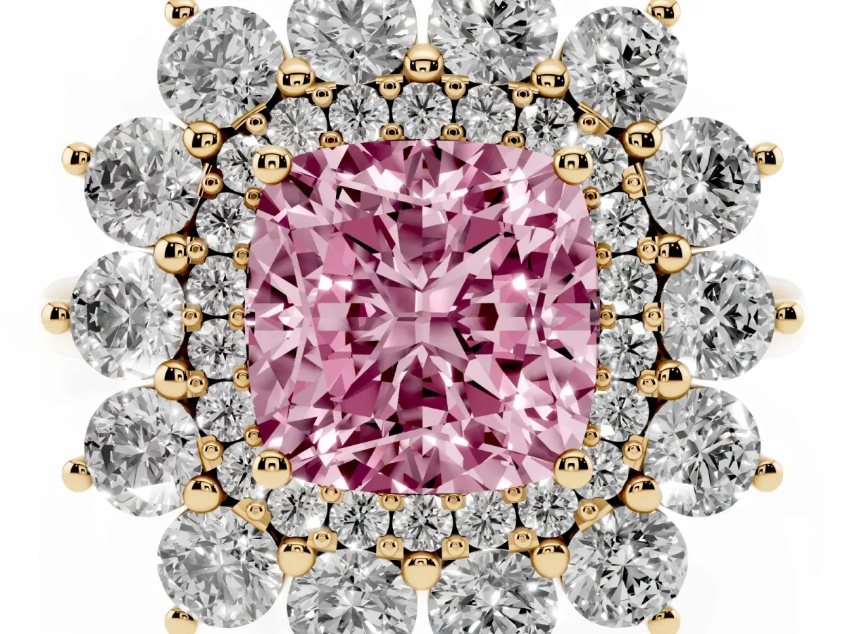 Fancy Pink Cushion Cut Diamond Floral Double Halo Engagement Ring with Prong Setting Yellow gold