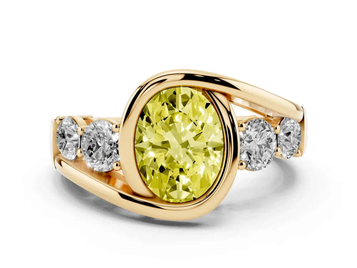 Fancy Yellow Bezel Set Oval Cut Diamond Bypass Ring with Round Accents Yellow gold