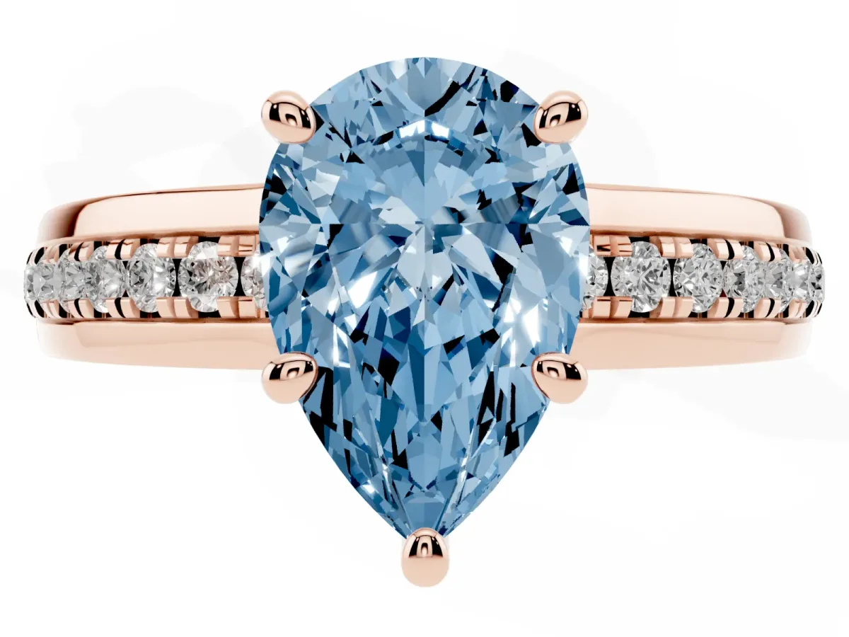 Fancy Blue Pear Cut Solitaire Diamond Ring with Channel Set Band and Six-Prong Setting Rose gold
