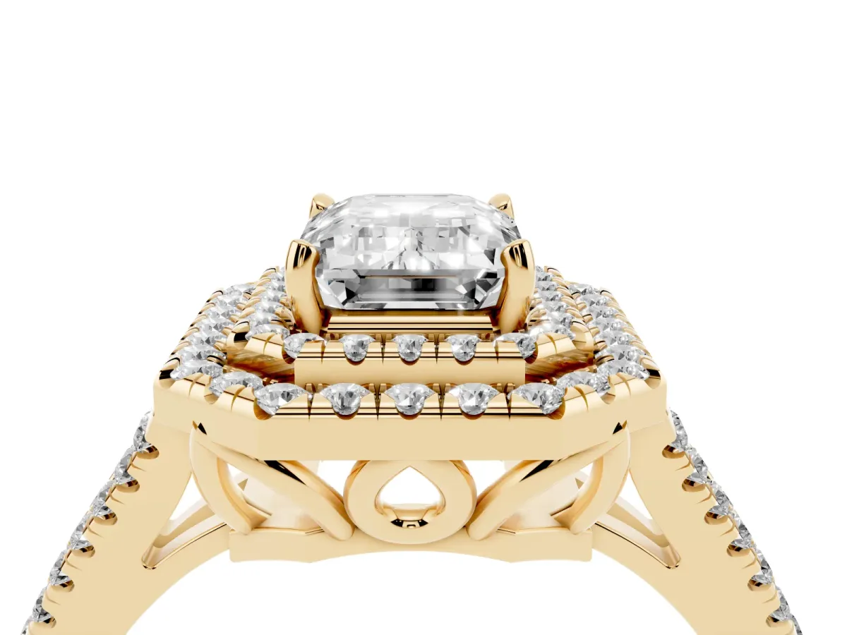 Emerald Cut Diamond Double Halo Ring with Pavé Band and Prong Setting Yellow gold