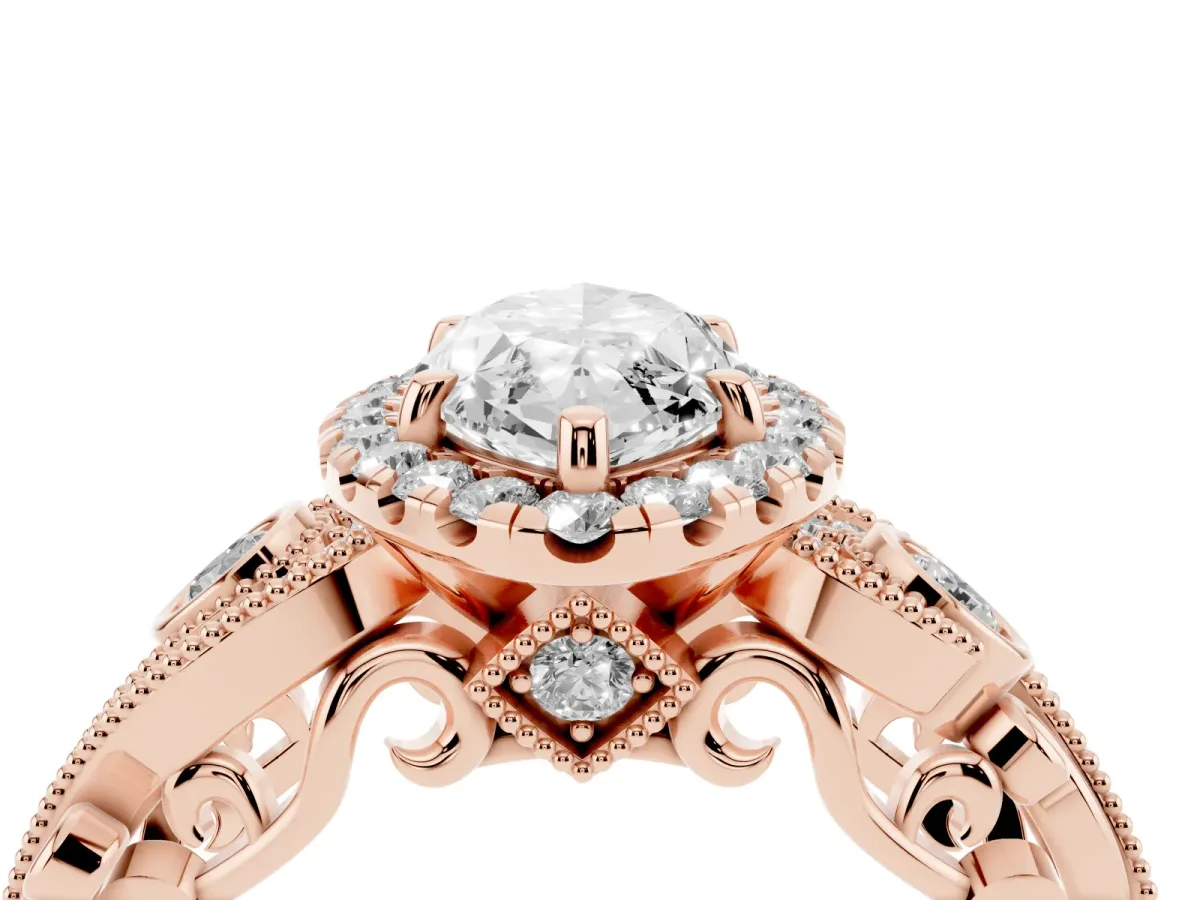 Marquise Cut Diamond Halo Ring with Milgrain Pavé Band and Four-Prong Setting Rose gold