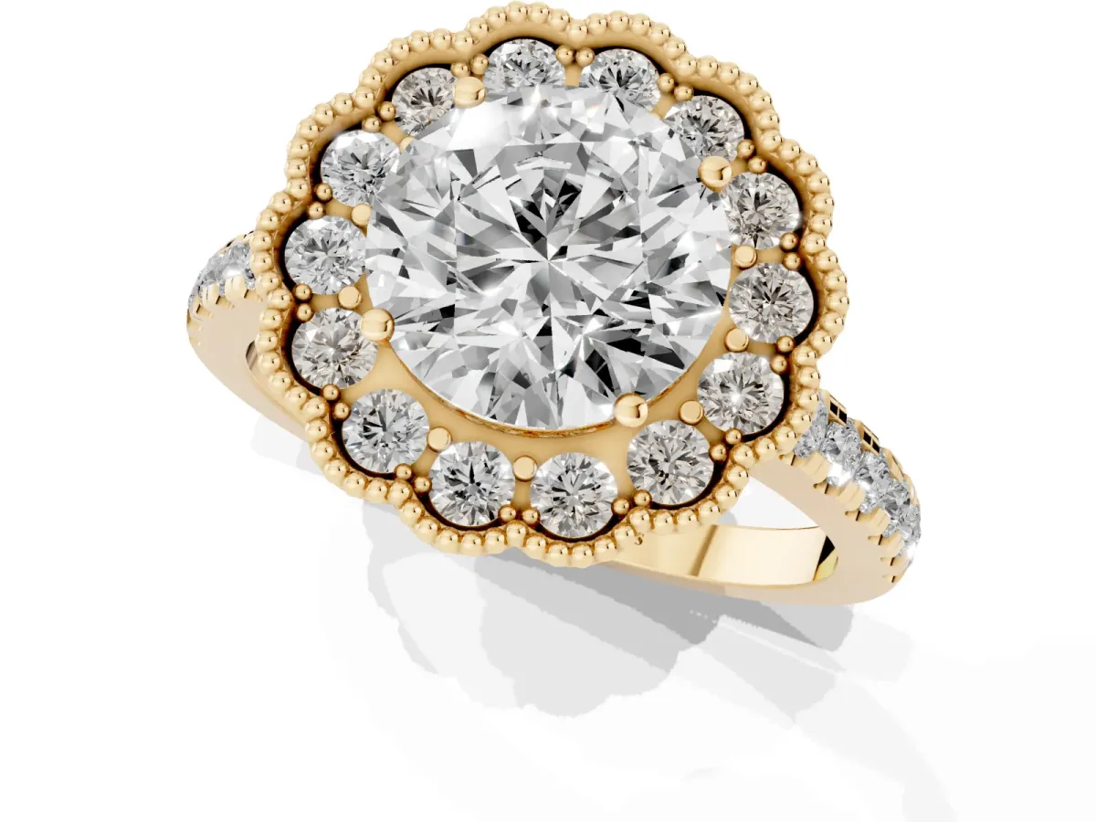 Round Cut Cut Diamond Milgrain Floral Halo Engagement Ring with Pavé Band Yellow gold