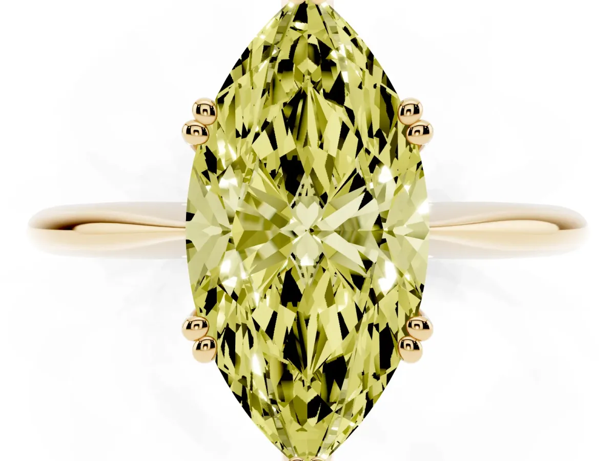 Fancy Yellow Marquise Cut Solitaire Diamond Ring with Six-Prong Setting and Classic Band Yellow gold