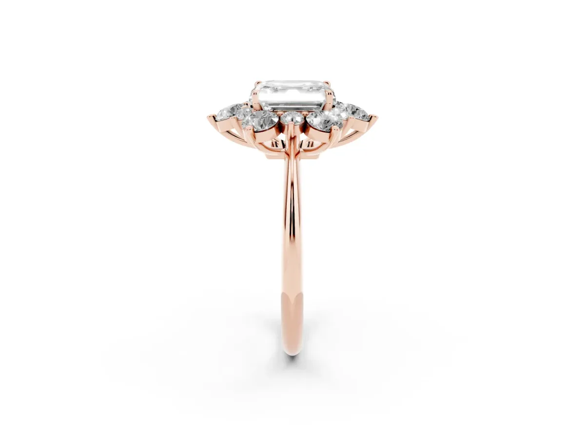Asscher Cut Diamond Cluster Halo Ring with Solitaire Band and Four-Prong Setting Rose gold