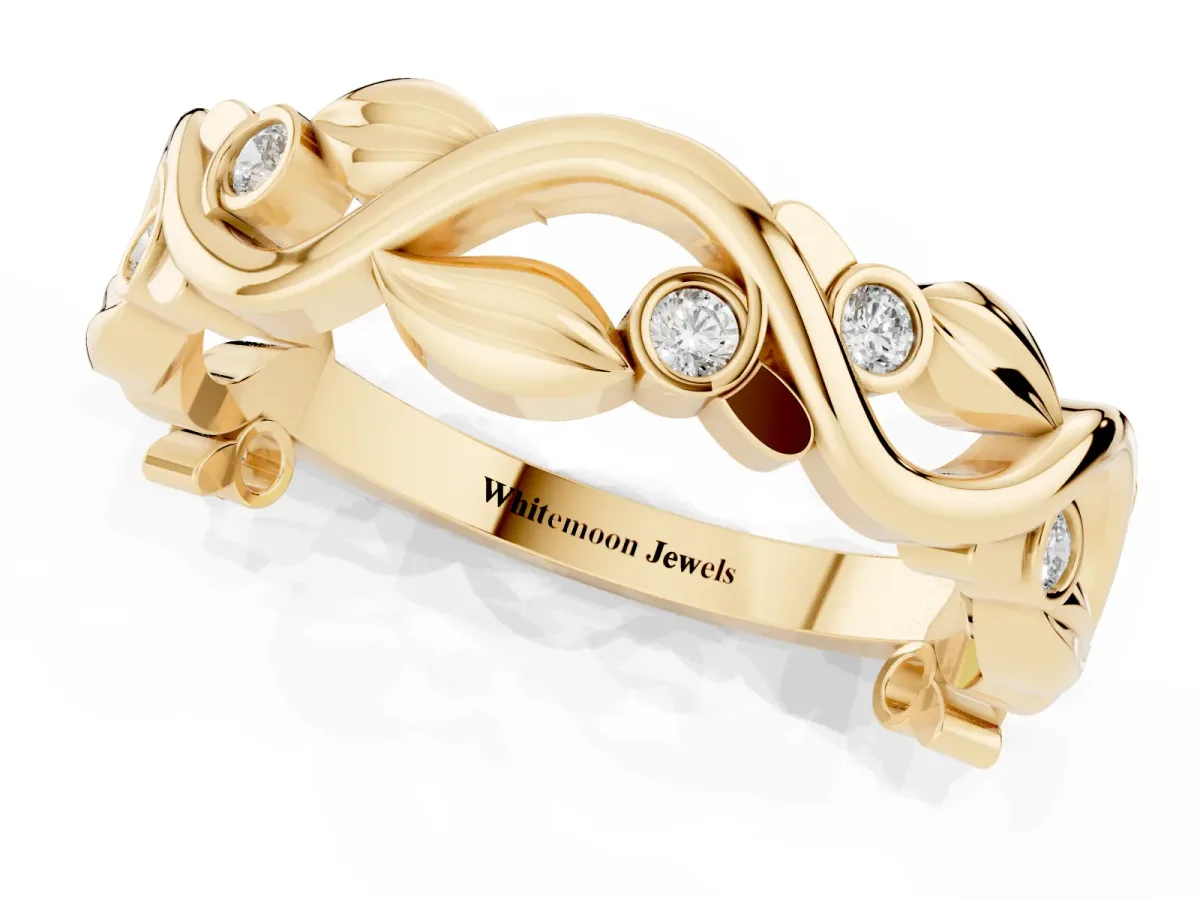 Round Diamond Leaf Eternity Band with Bezel Setting Yellow gold