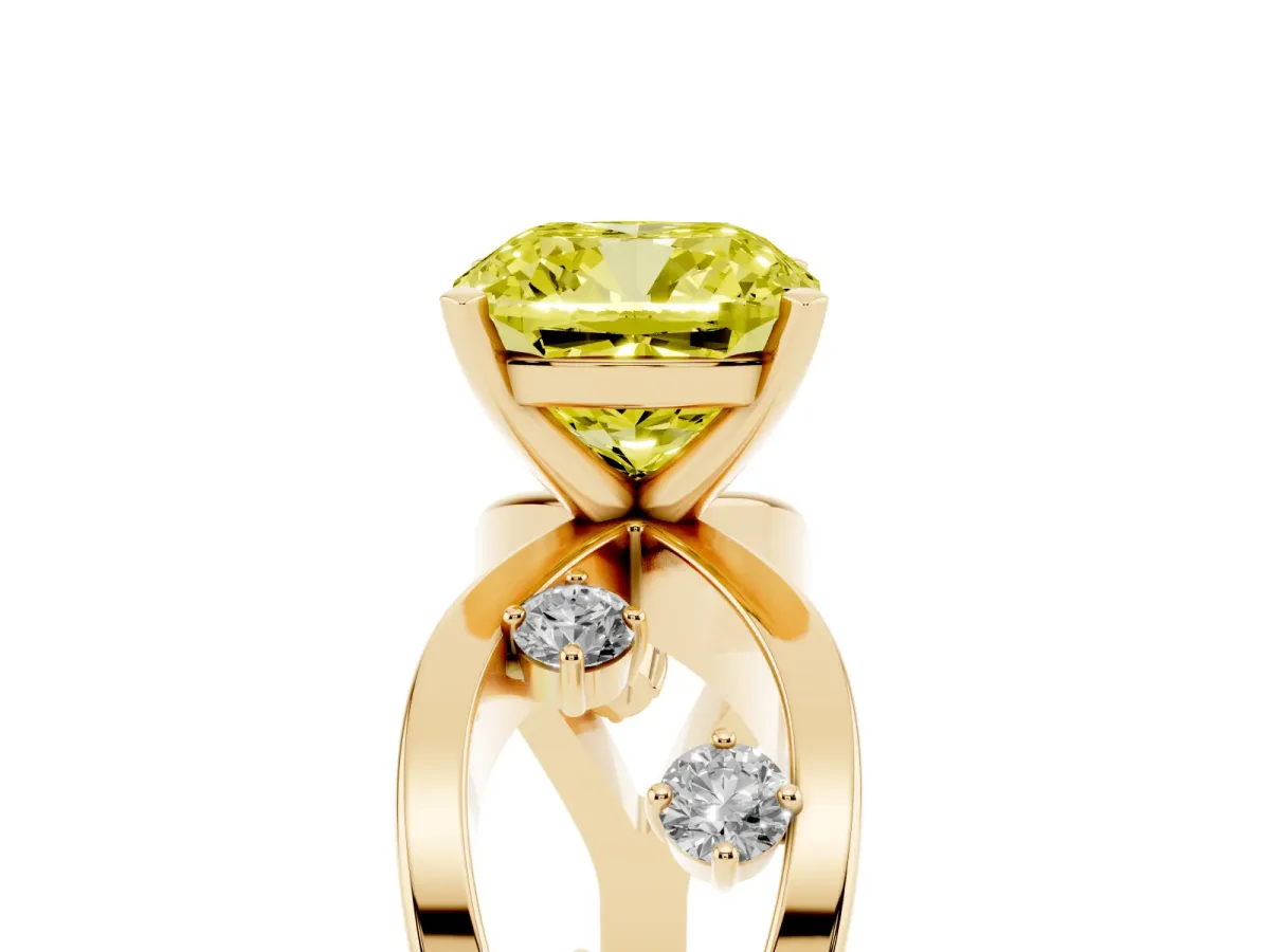 Fancy Yellow Cushion Cut Cut Solitaire Diamond with Side Stones on Criss-Cross Band and Four-Prong Setting Yellow gold