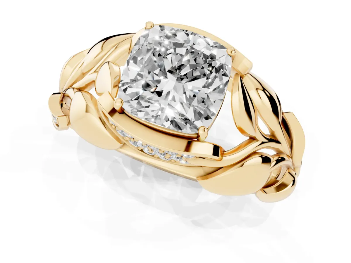 Cushion Cut Diamond Leaf-Inspired Engagement Ring with Round Accents and Prong Setting Yellow gold