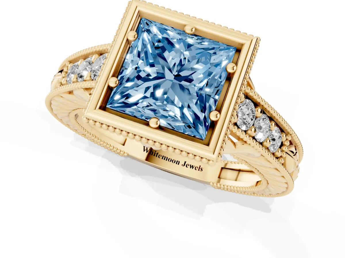 Fancy Blue Bezel Set Princess Cut Diamond Milgrain Pave Engagement Ring Yellow gold