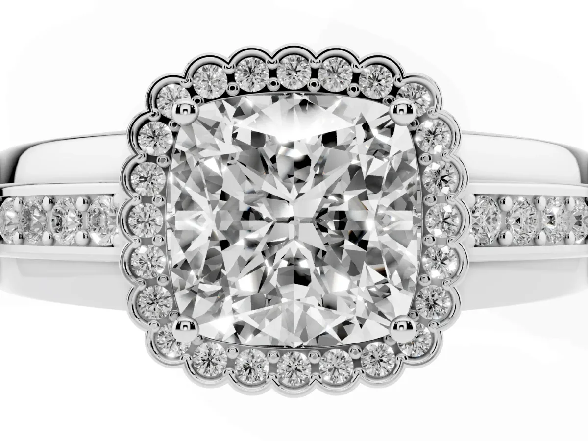 Cushion Cut Cut Halo Pave Band Four-Prong Ring Silver