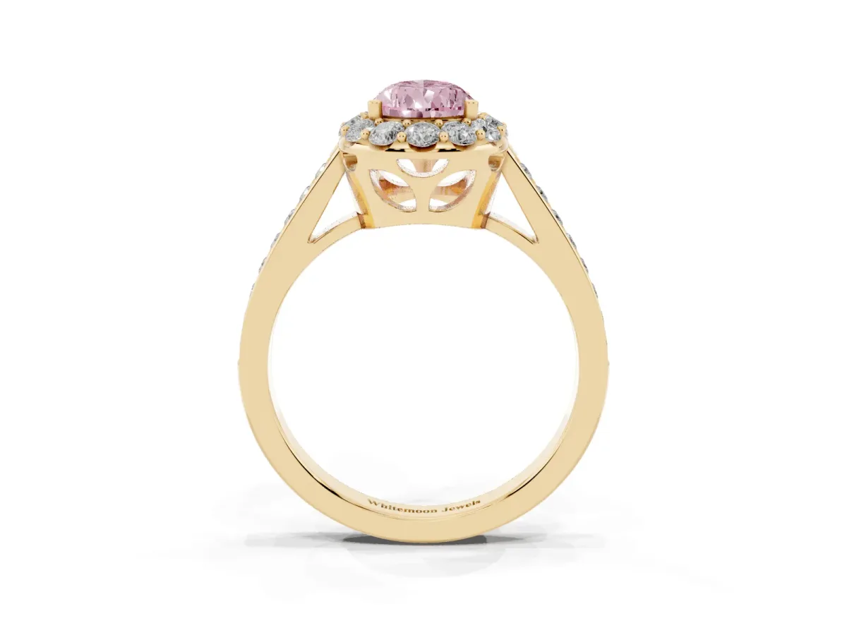 Fancy Pink Pear Cut Diamond Floral Halo Ring with Pavé Band and Prong Setting Yellow gold