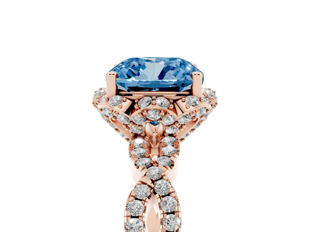 Fancy Blue Cushion Cut Halo Twist Band Solitaire Ring with Six-Prong Setting Rose gold