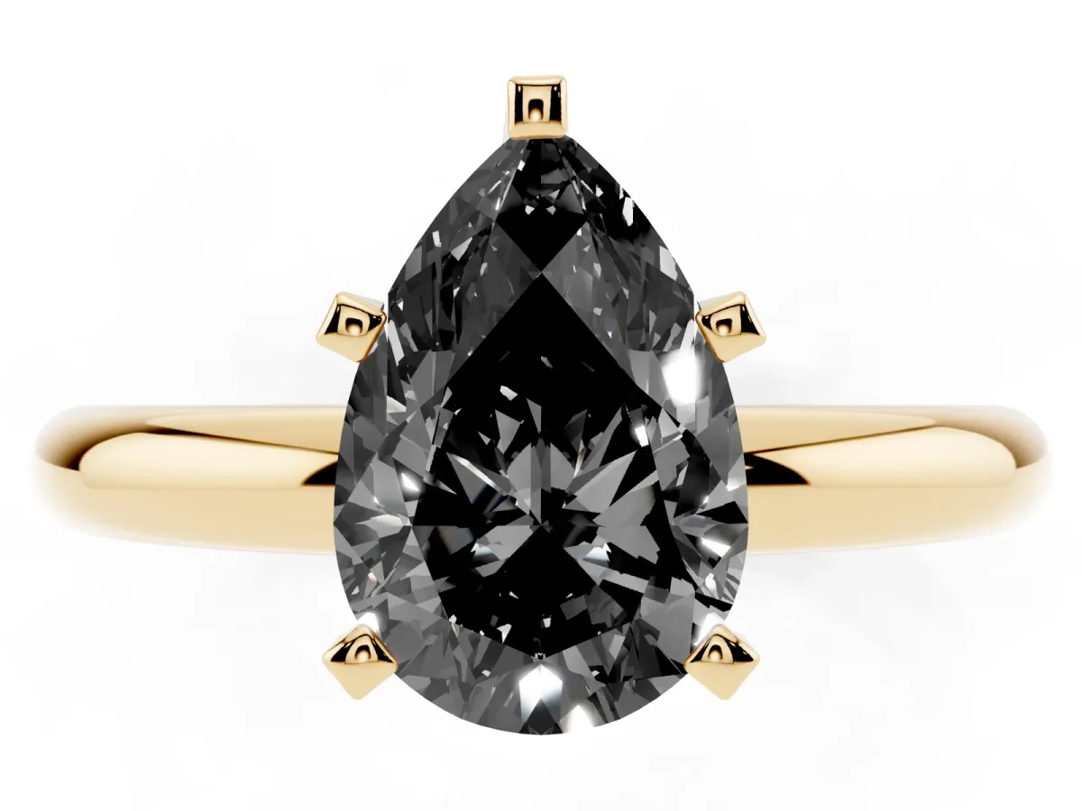 Fancy Black Pear Cut Diamond Solitaire Engagement Ring with Round Band and Four-Prong Setting Yellow gold