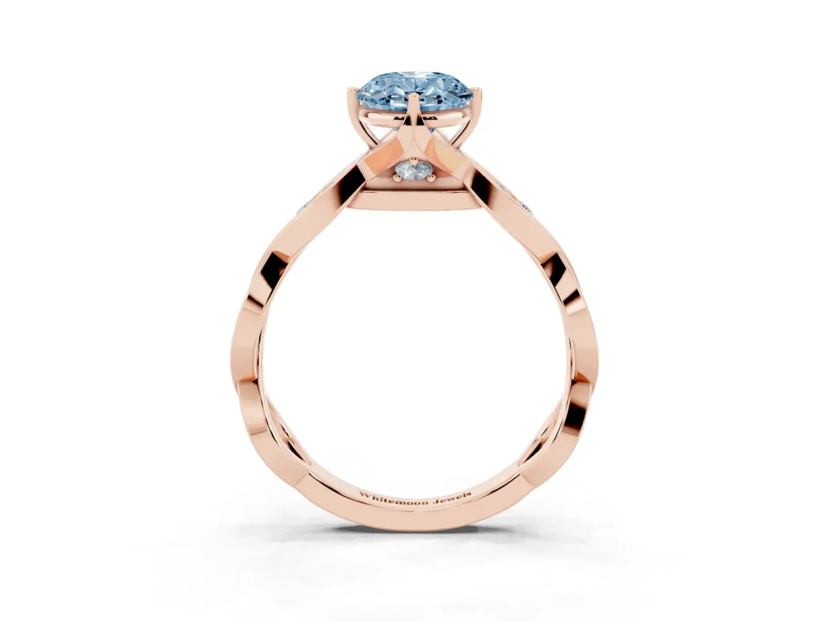 Fancy Blue Oval Cut Solitaire Twist Band with Leaf Prong Setting Rose gold