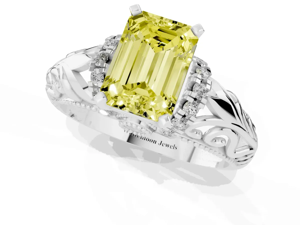 Fancy Yellow Emerald Cut Solitaire Filigree Engagement Ring with Halo and Prong Setting Silver