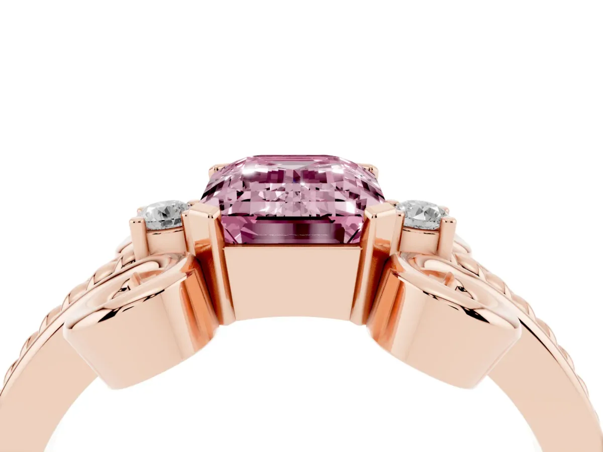 Fancy Pink Emerald Cut Solitaire Twisted Band Scroll Prong Ring Rose gold
