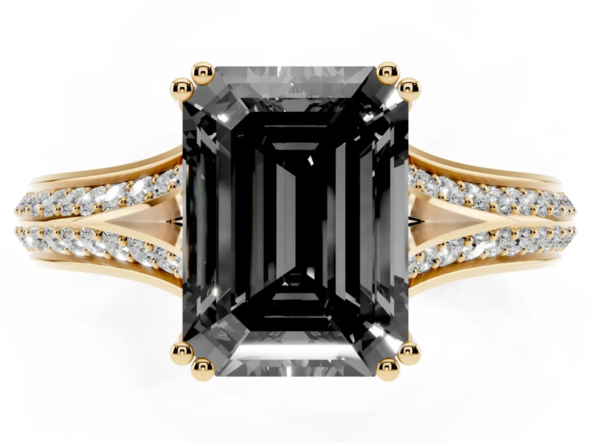 Fancy Black Emerald Cut Diamond Split Shank Engagement Ring with Pavé Band Yellow gold