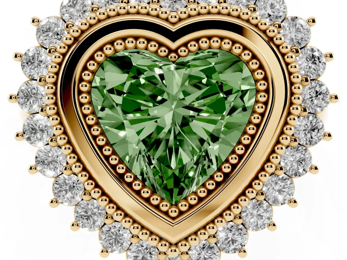 Fancy Green Heart Cut Halo Diamond Ring with Milgrain Edge and Round Prong Setting Yellow gold