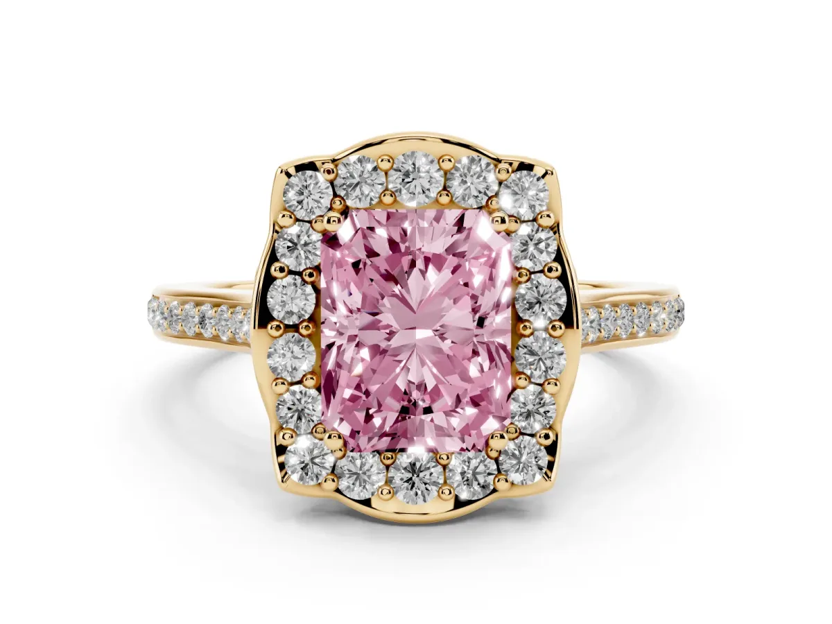 Fancy Pink Radiant Cut Halo Round Diamond Pave Band with Four-Prong Setting Yellow gold