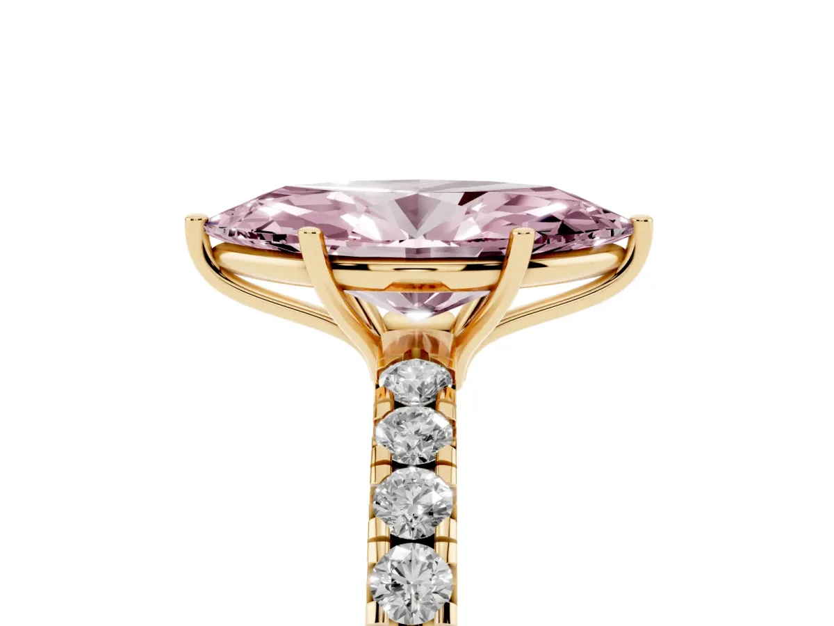 Fancy Pink Marquise Cut Diamond Pavé Solitaire Engagement Ring with Four-Prong Setting Yellow gold
