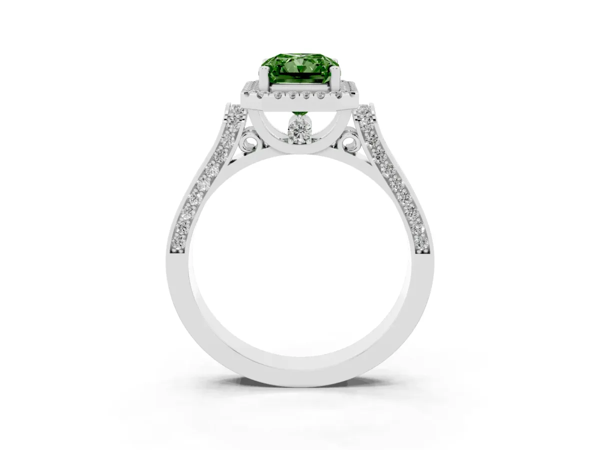 Fancy Green Radiant Cut Halo Pave Split Shank Prong Setting Ring Platinum