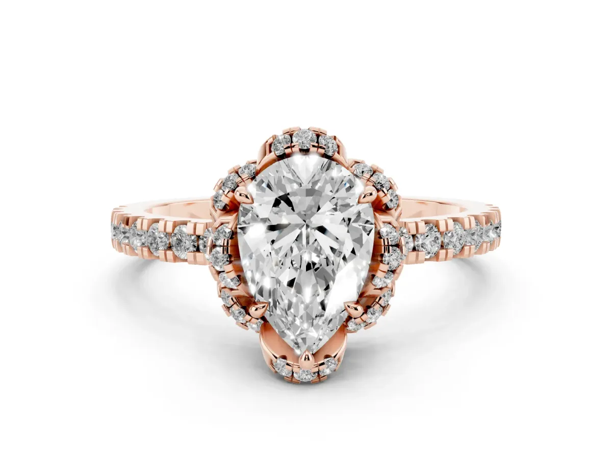 Pear Cut Diamond Halo Pave Band with Four-Prong Setting Rose gold