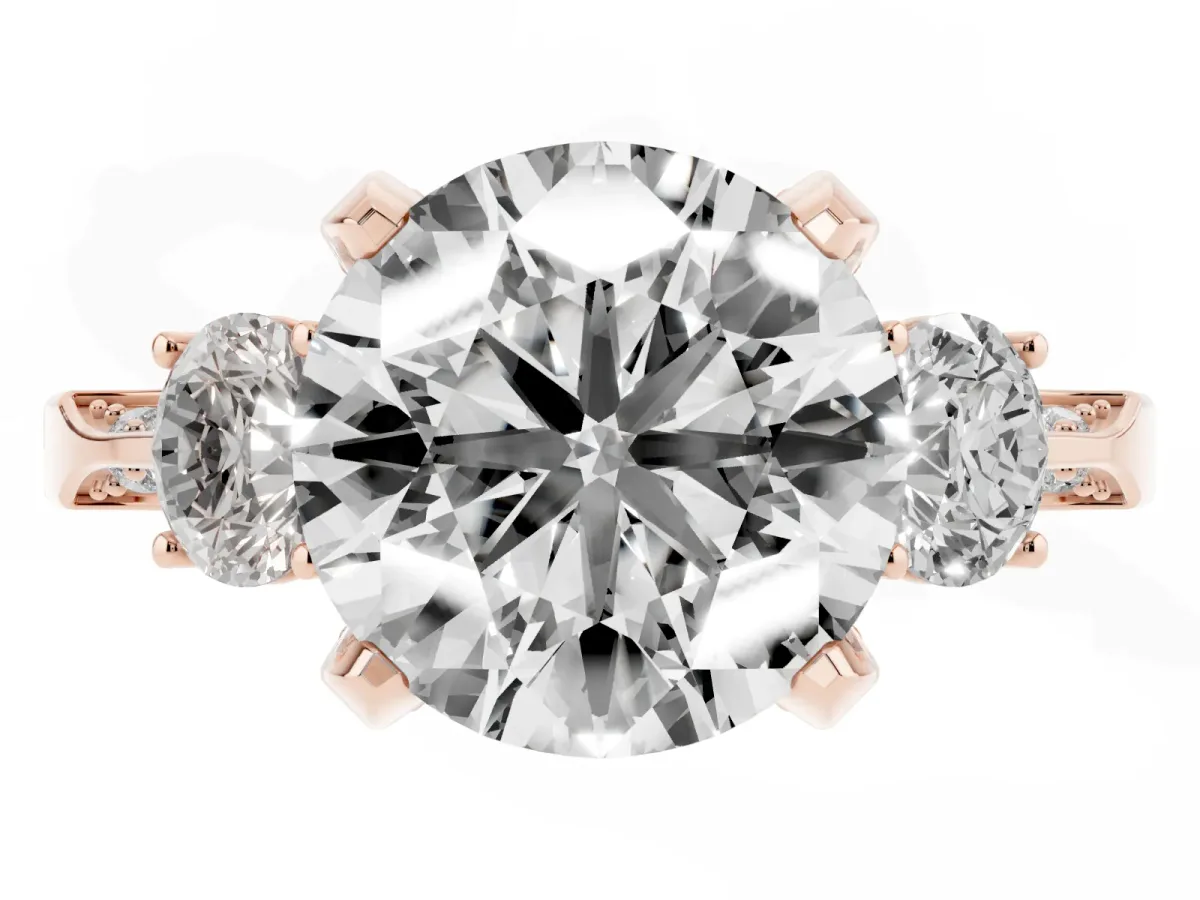 Round Cut Brilliant Three-Stone Diamond Ring with Pavé Band and Four-Prong Setting Rose gold